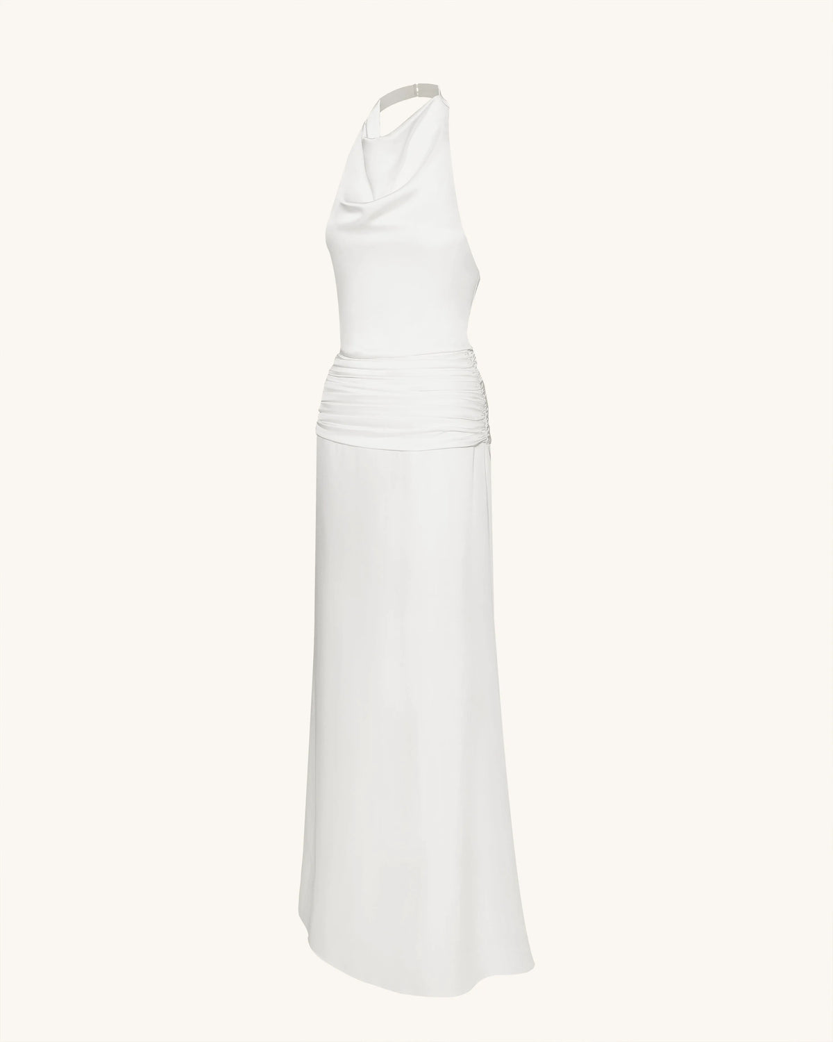 Satin Cowl Neck Ruched Maxi Gown - White