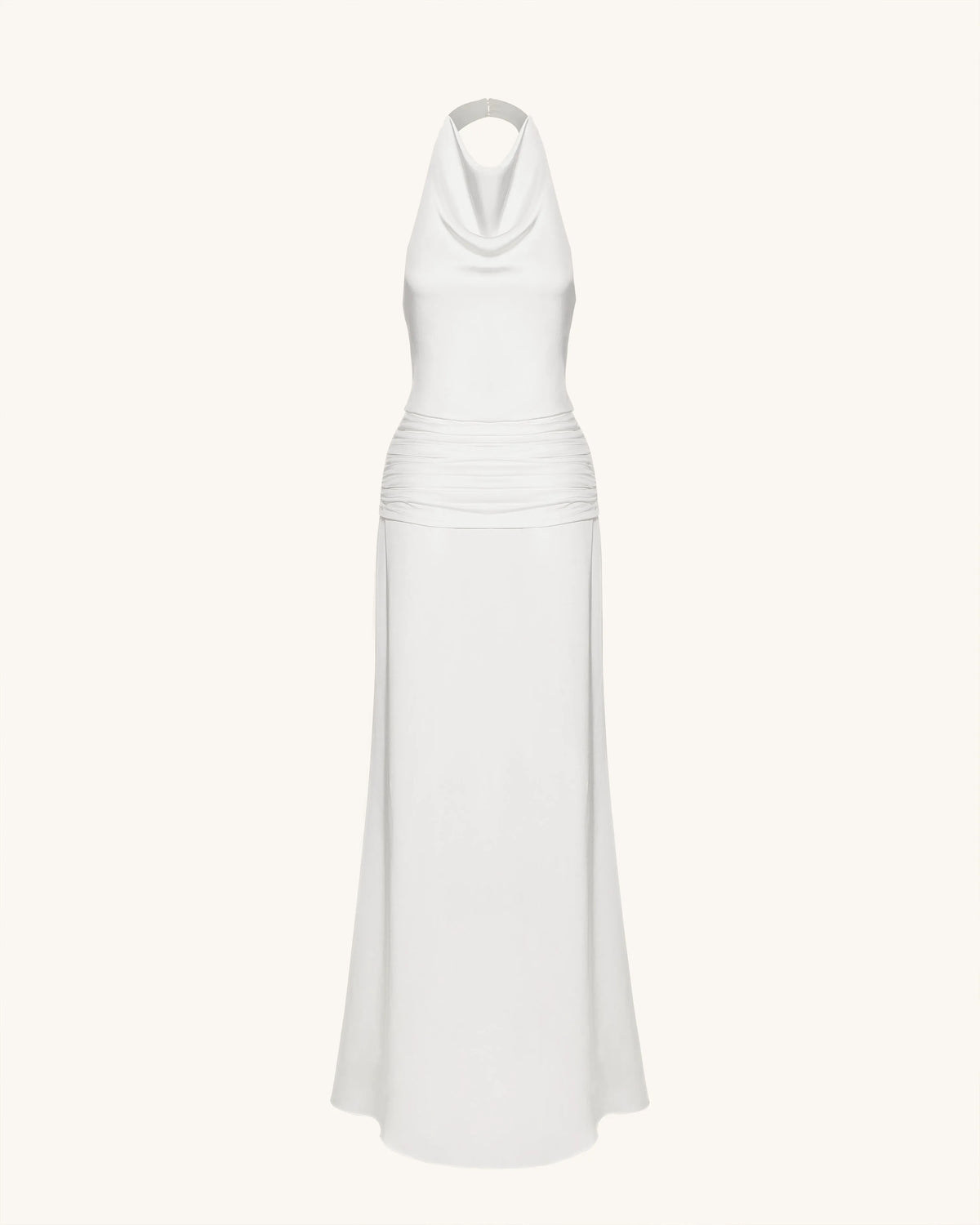 Satin Cowl Neck Ruched Maxi Gown - White