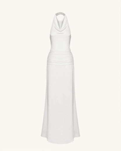 Satin Cowl Neck Ruched Maxi Gown - White