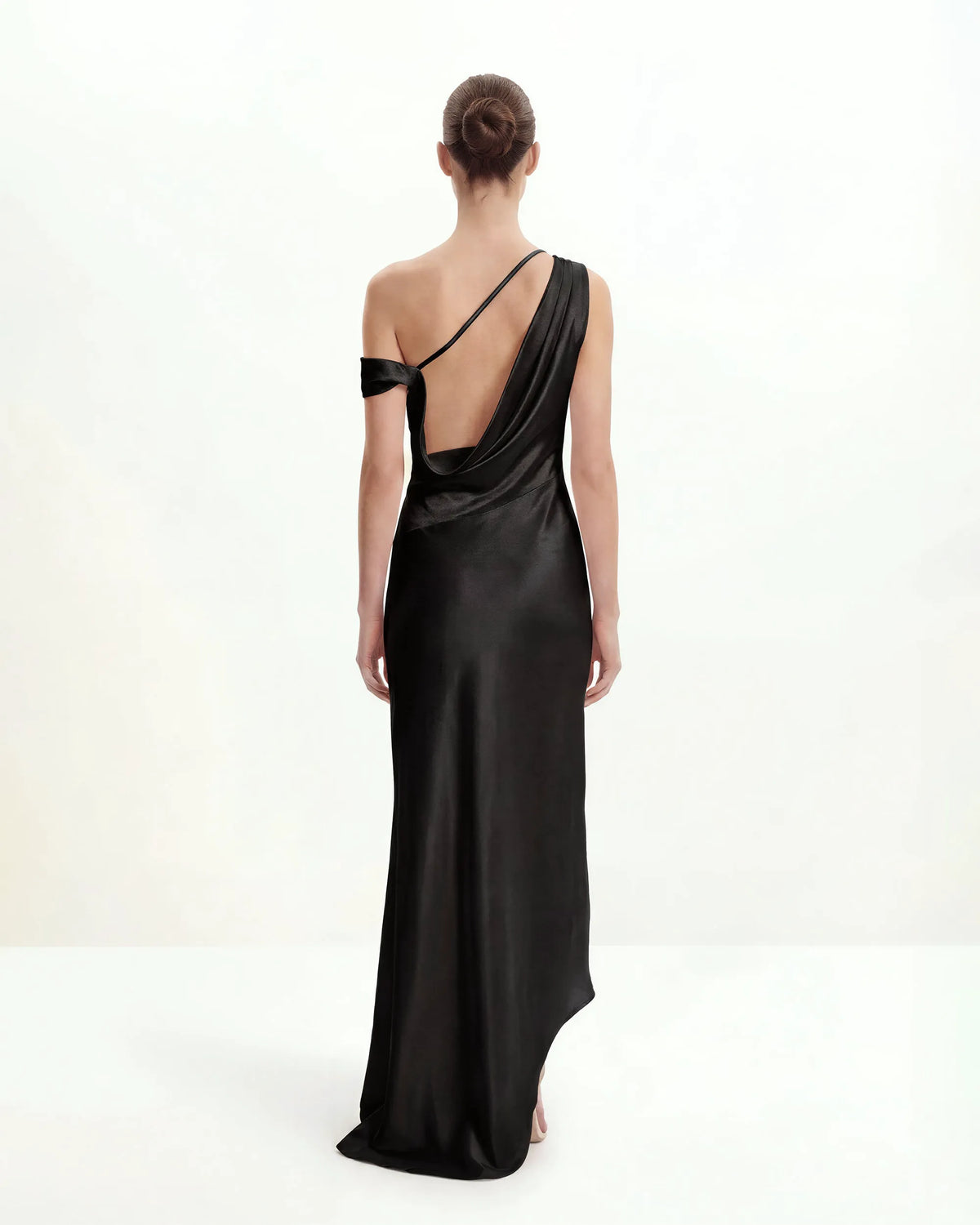 Satin Draped One-Shoulder Asymmetric Dress - Black