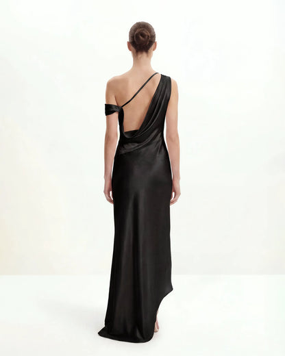 Satin Draped One-Shoulder Asymmetric Dress - Black