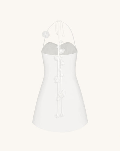 Floral Ruched Halter Mini Dress - White