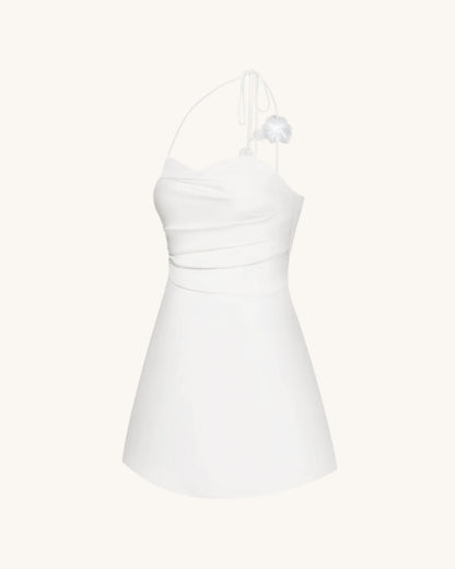 Floral Ruched Halter Mini Dress - White