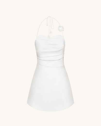 Floral Ruched Halter Mini Dress - White