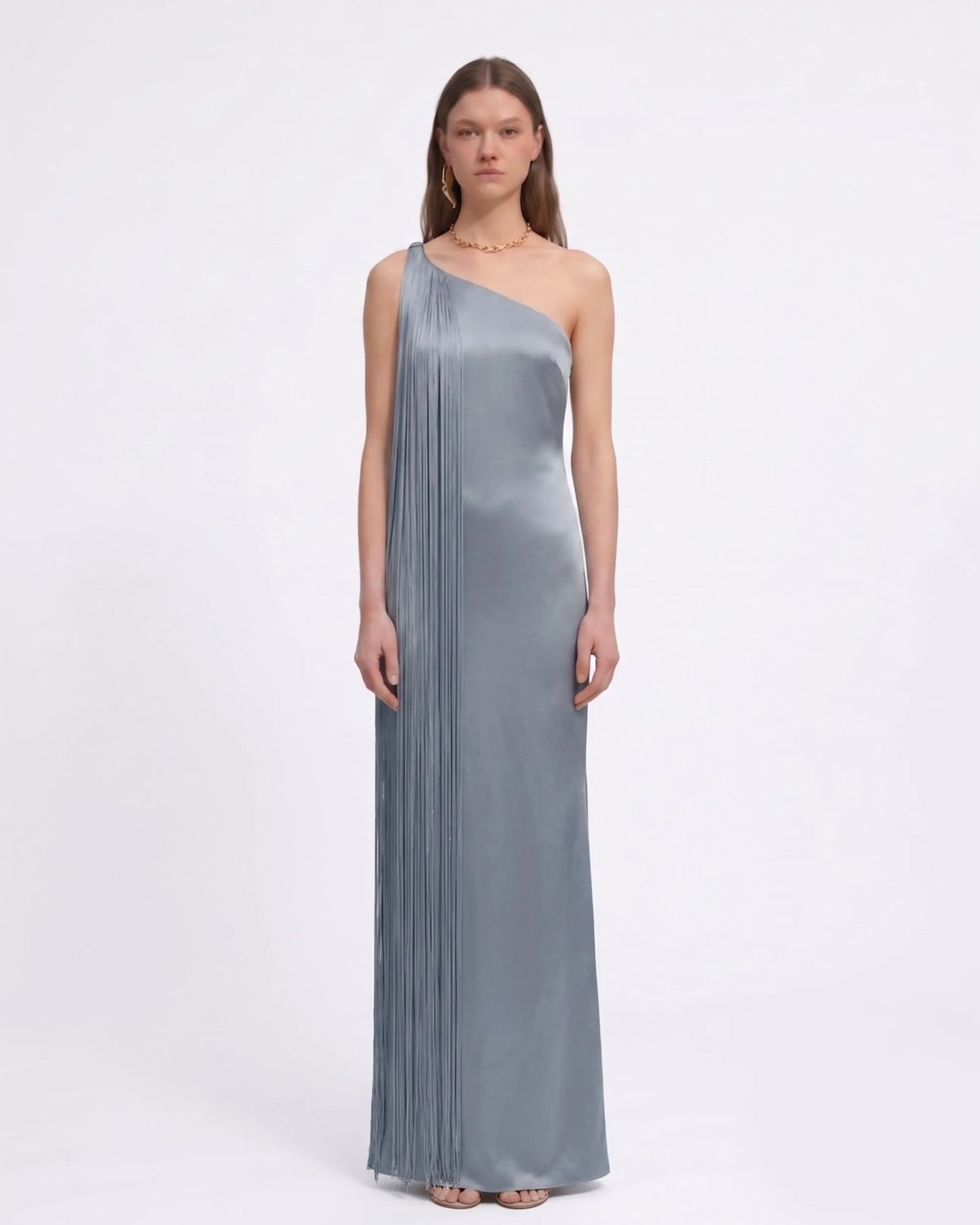 Fringe One Shoulder Maxi Dress - Misty Blue