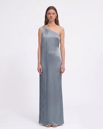 Fringe One Shoulder Maxi Dress - Misty Blue