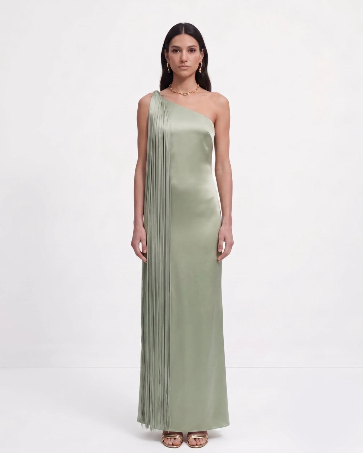 Fringe One Shoulder Maxi Dress - Sage Green