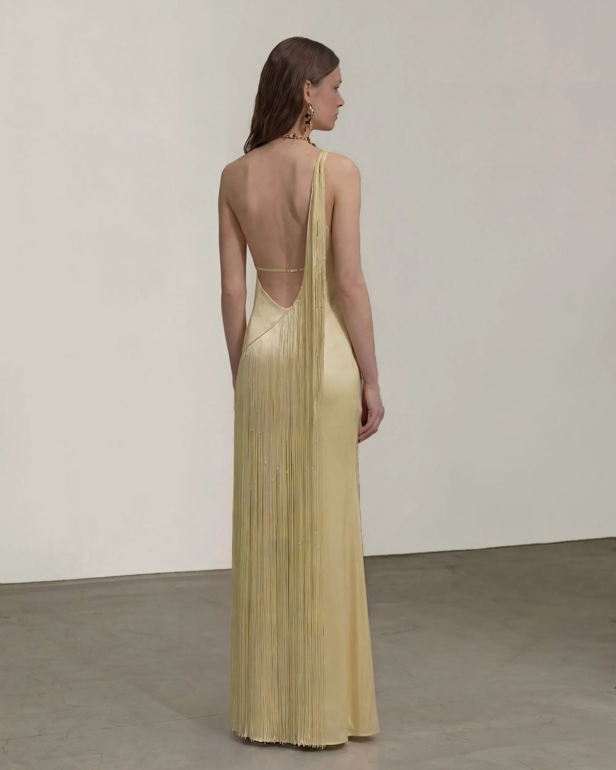 Fringe One Shoulder Maxi Dress - Champagne