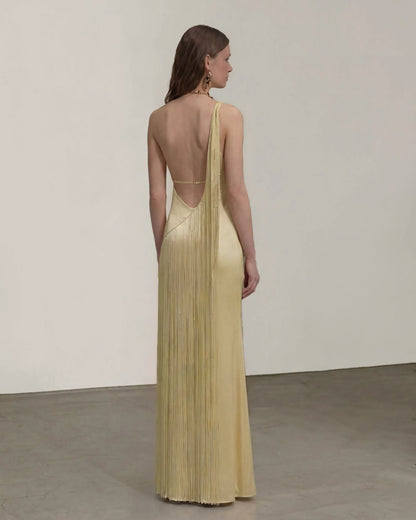 Fringe One Shoulder Maxi Dress - Champagne