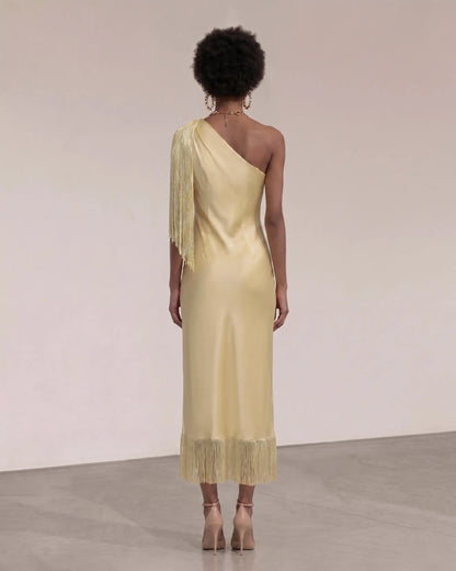 One Shoulder Fringe Midi Dress - Champagne