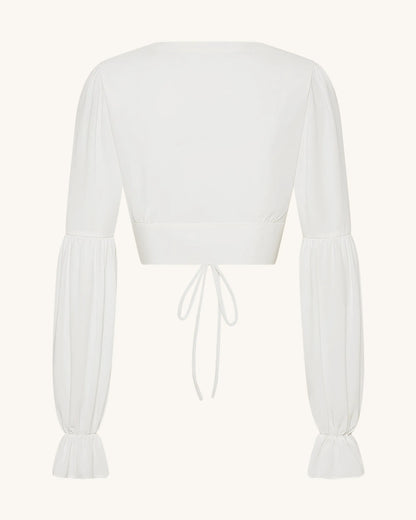 Chiffon Lantern-Sleeve Tie-Front Cropped Blouse - White