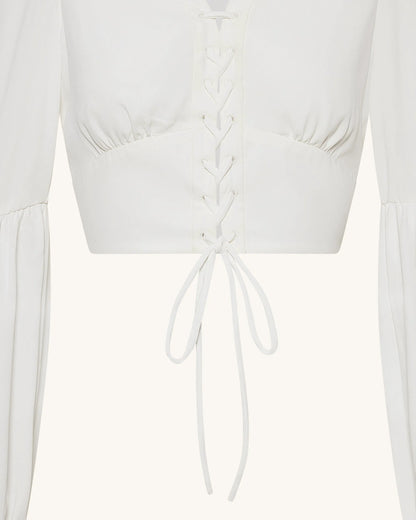 Chiffon Lantern-Sleeve Tie-Front Cropped Blouse - White