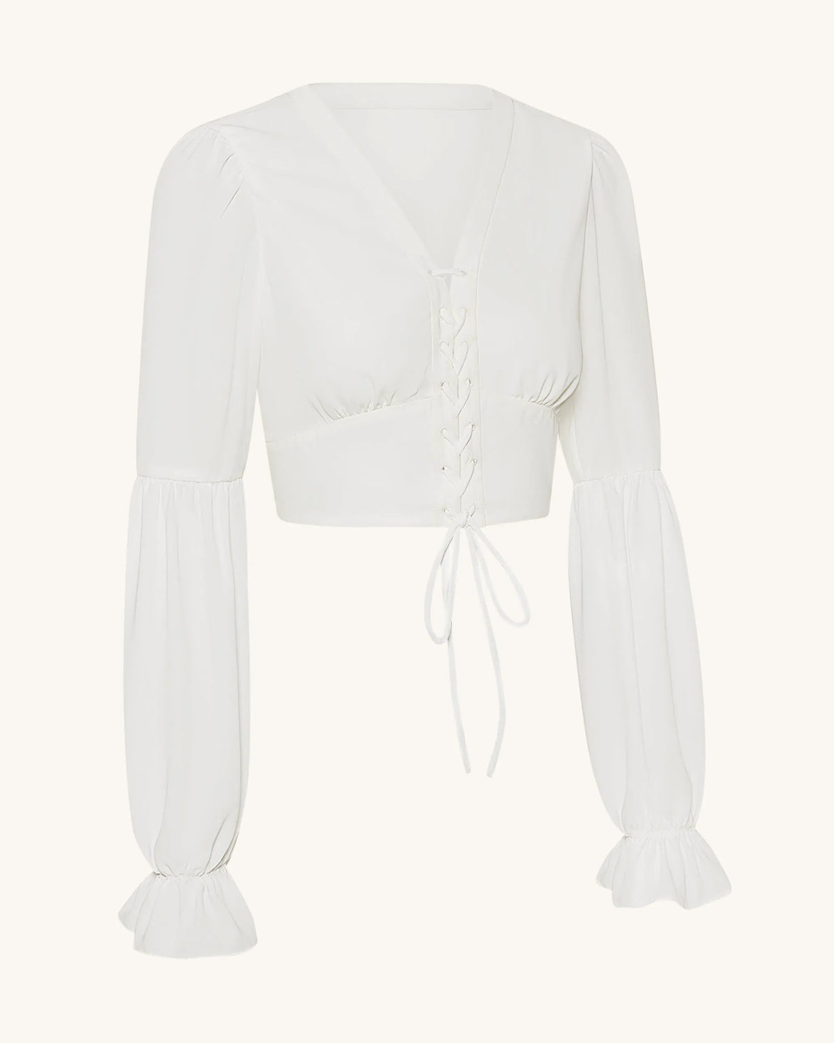 Chiffon Lantern-Sleeve Tie-Front Cropped Blouse - White