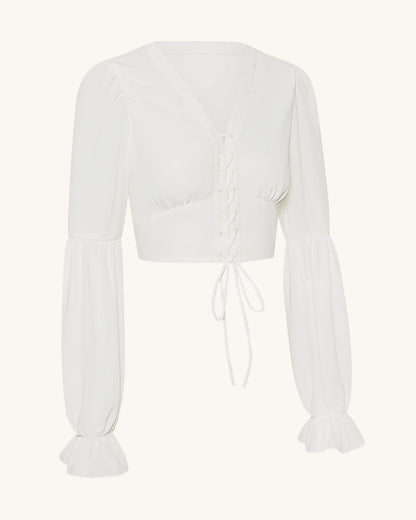 Chiffon Lantern-Sleeve Tie-Front Cropped Blouse - White