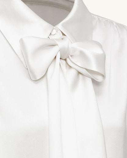 Ribbon Tie Balloon Sleeve Blouse - White