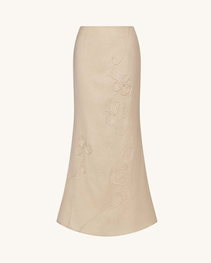 Linen Corded Embroidery Maxi Skirt - Natural