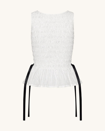 Smocked Peplum Sleeveless Top - White