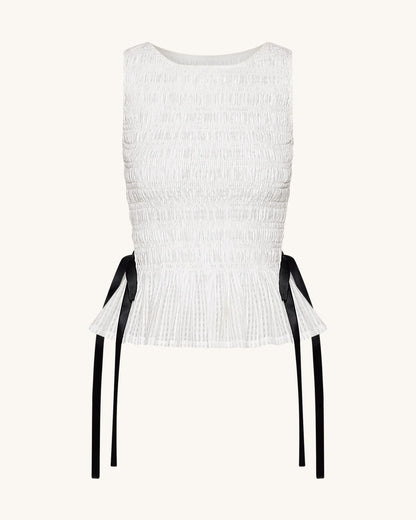 Smocked Peplum Sleeveless Top - White