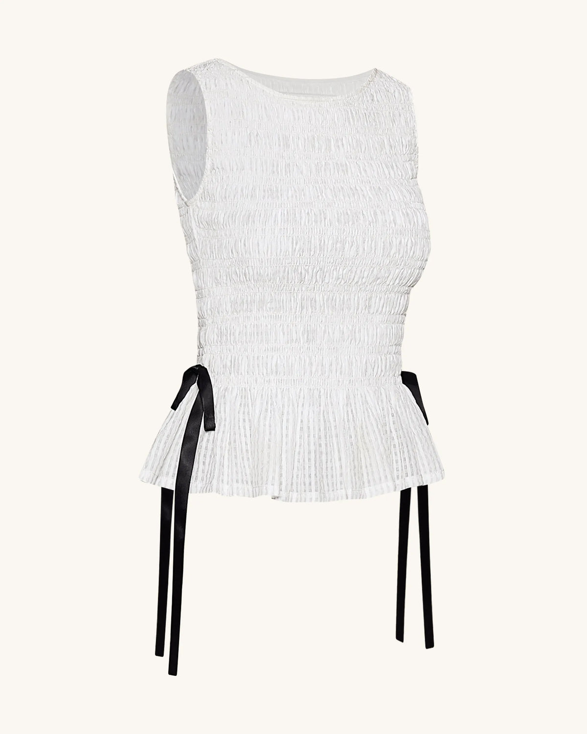 Smocked Peplum Sleeveless Top - White