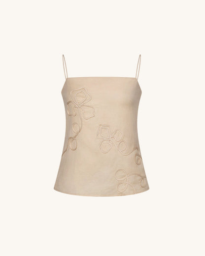Linen Corded Embroidery Strappy Camisole - Natural