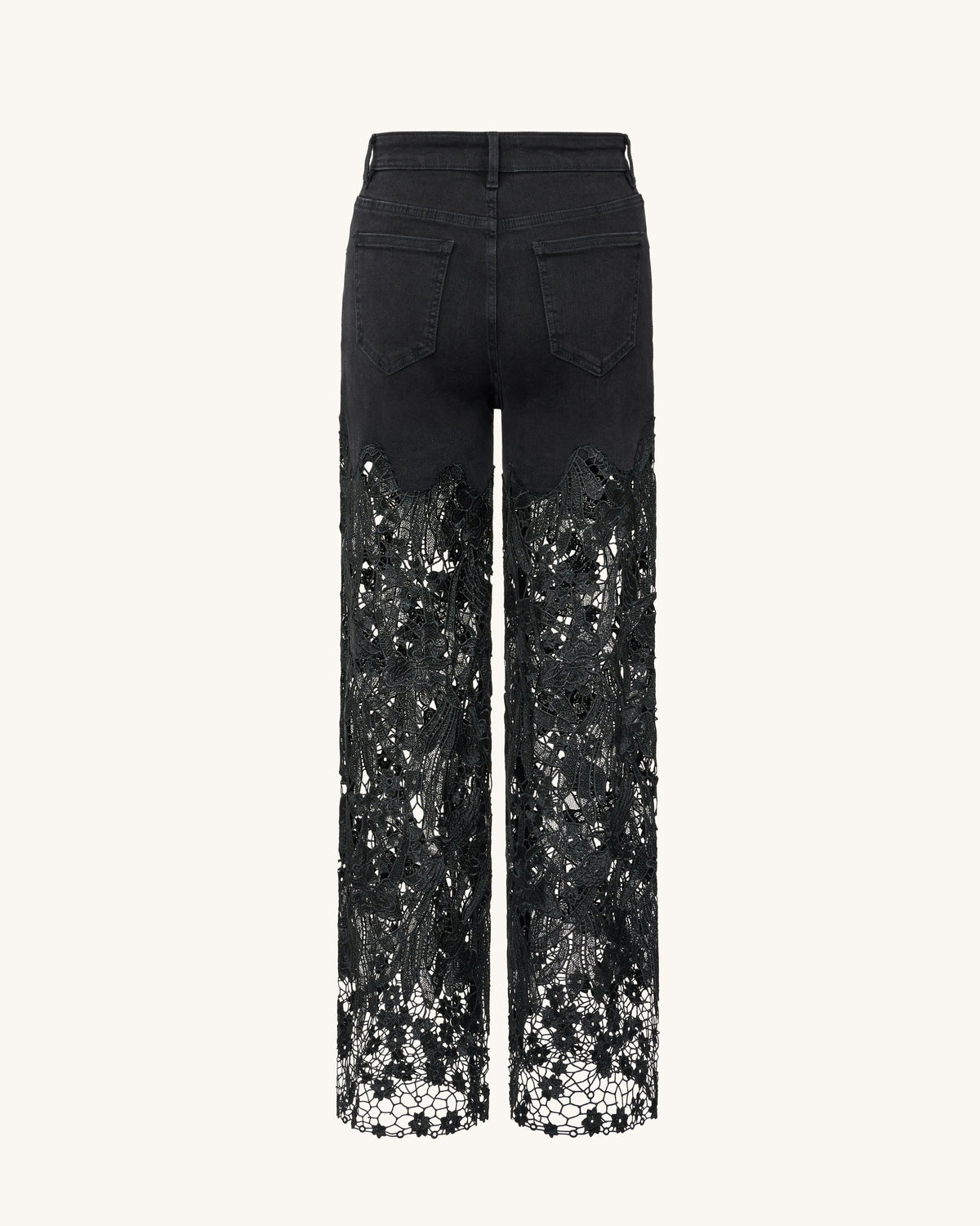 Embroidery High Rise Wide Leg Lace Denim Jeans With Rhinestone - Black