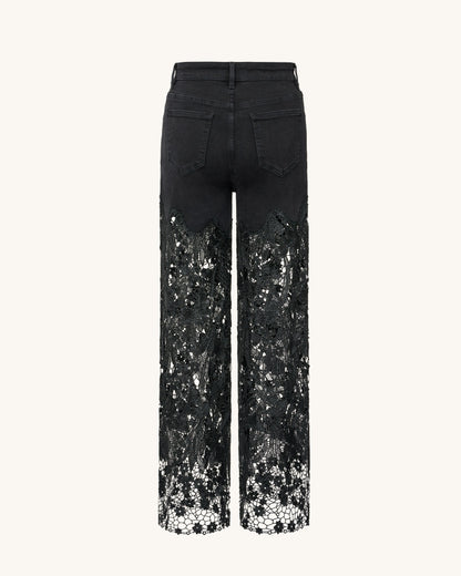 Embroidery High Rise Wide Leg Lace Denim Jeans With Rhinestone - Black