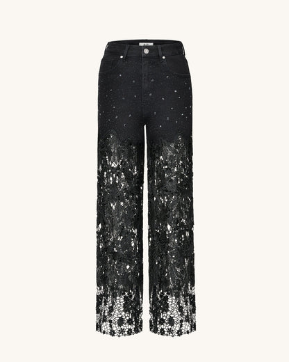 Embroidery High Rise Wide Leg Lace Denim Jeans With Rhinestone - Black