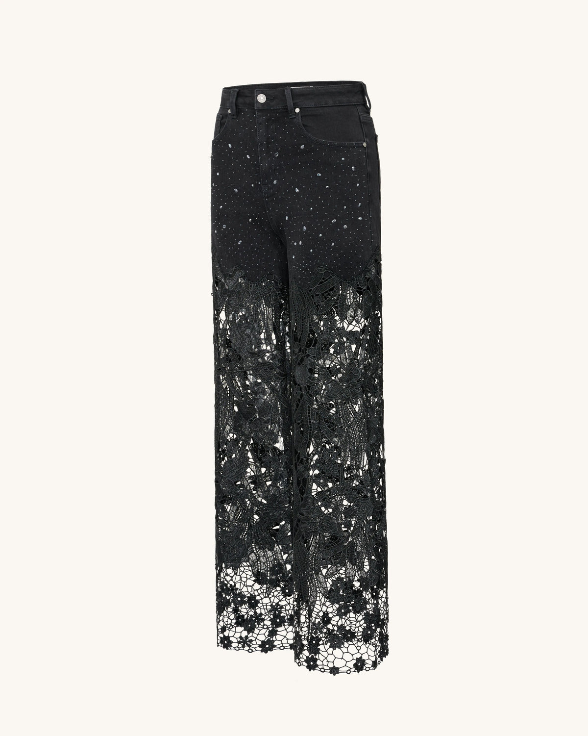 Embroidery High Rise Wide Leg Lace Denim Jeans With Rhinestone - Black