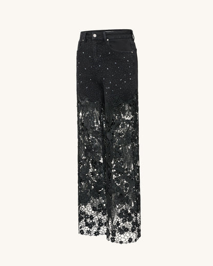 Embroidery High Rise Wide Leg Lace Denim Jeans With Rhinestone - Black
