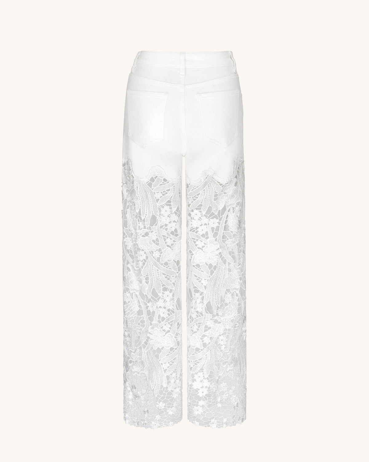 Embroidery High Rise Wide Leg Lace Denim Jeans With Rhinestone - White