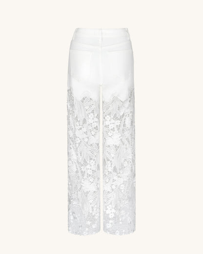 Embroidery High Rise Wide Leg Lace Denim Jeans With Rhinestone - White