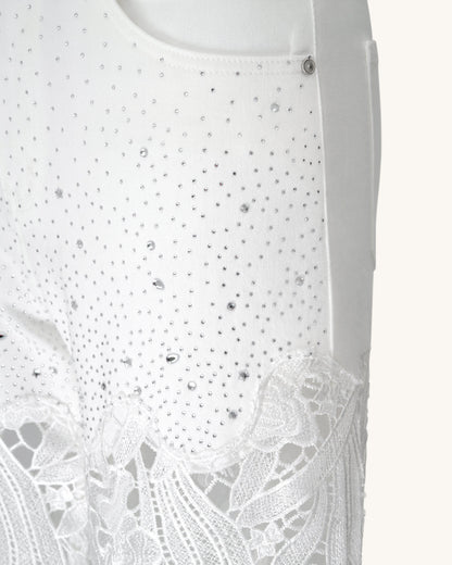 Embroidery High Rise Wide Leg Lace Denim Jeans With Rhinestone - White