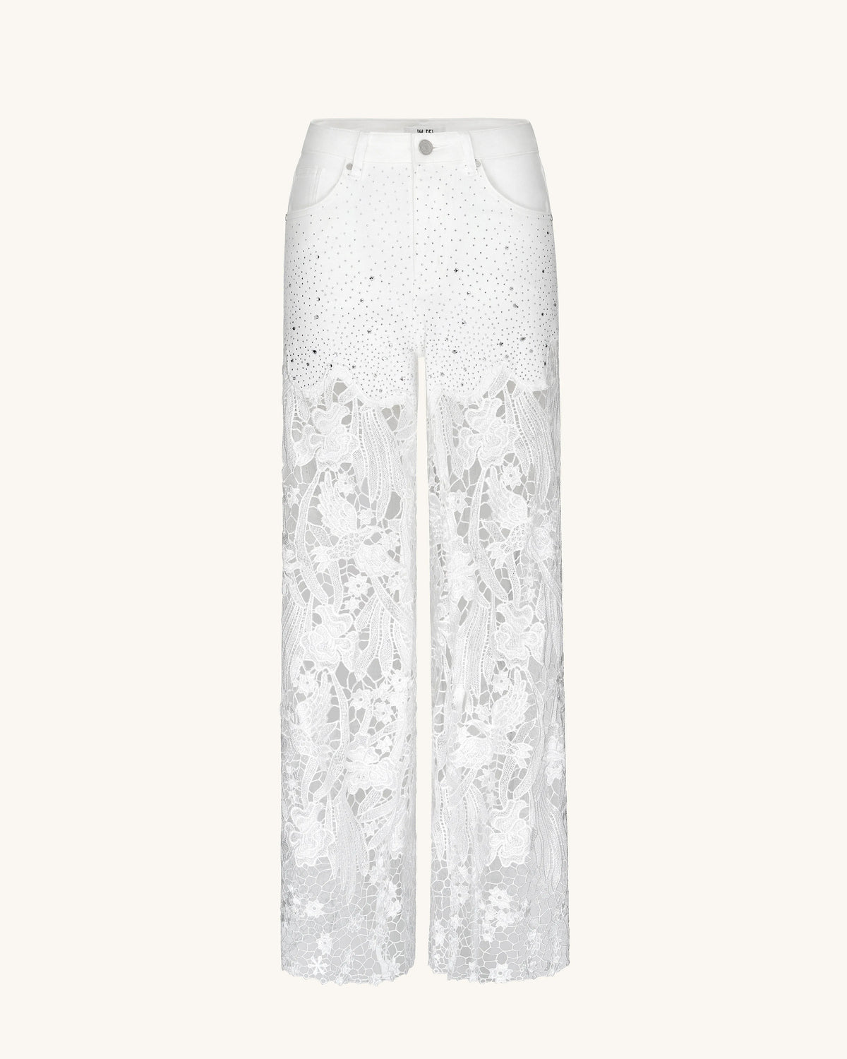 Embroidery High Rise Wide Leg Lace Denim Jeans With Rhinestone - White