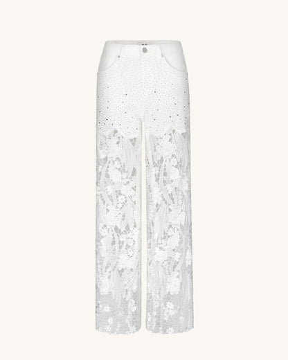 Embroidery High Rise Wide Leg Lace Denim Jeans With Rhinestone - White