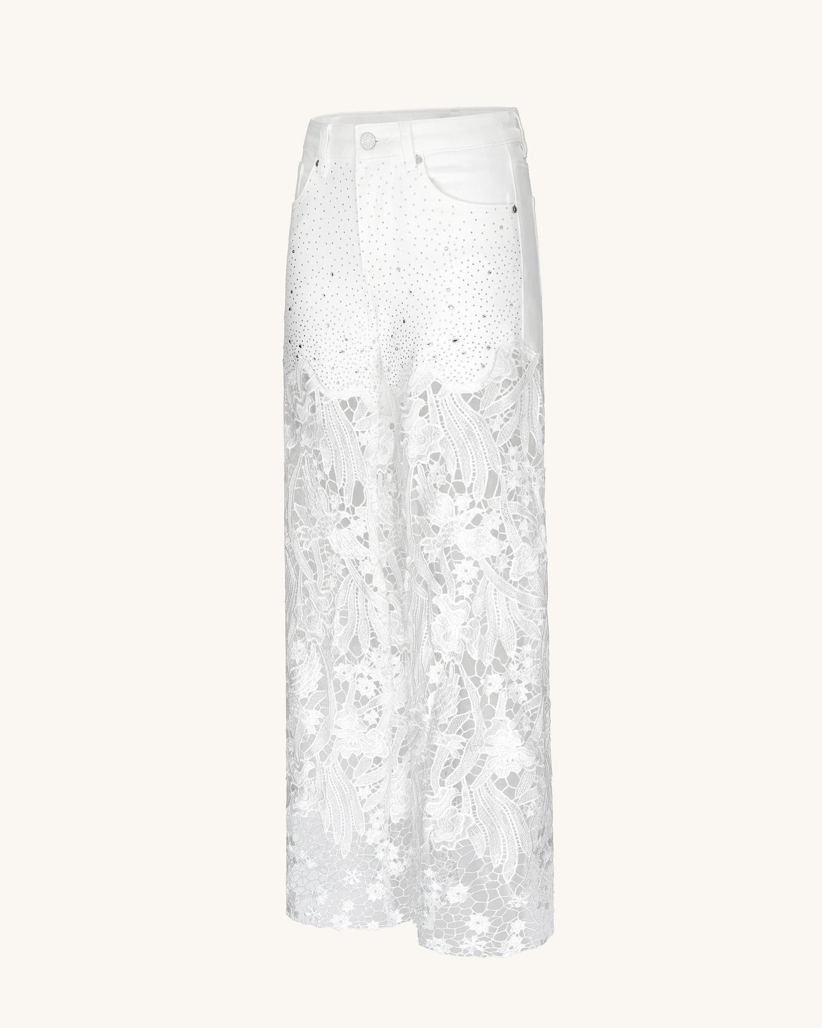 Embroidery High Rise Wide Leg Lace Denim Jeans With Rhinestone - White