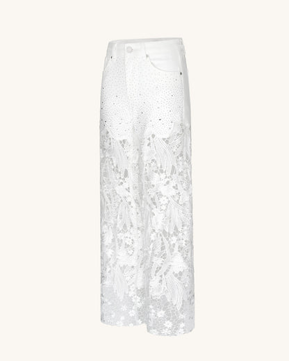 Embroidery High Rise Wide Leg Lace Denim Jeans With Rhinestone - White