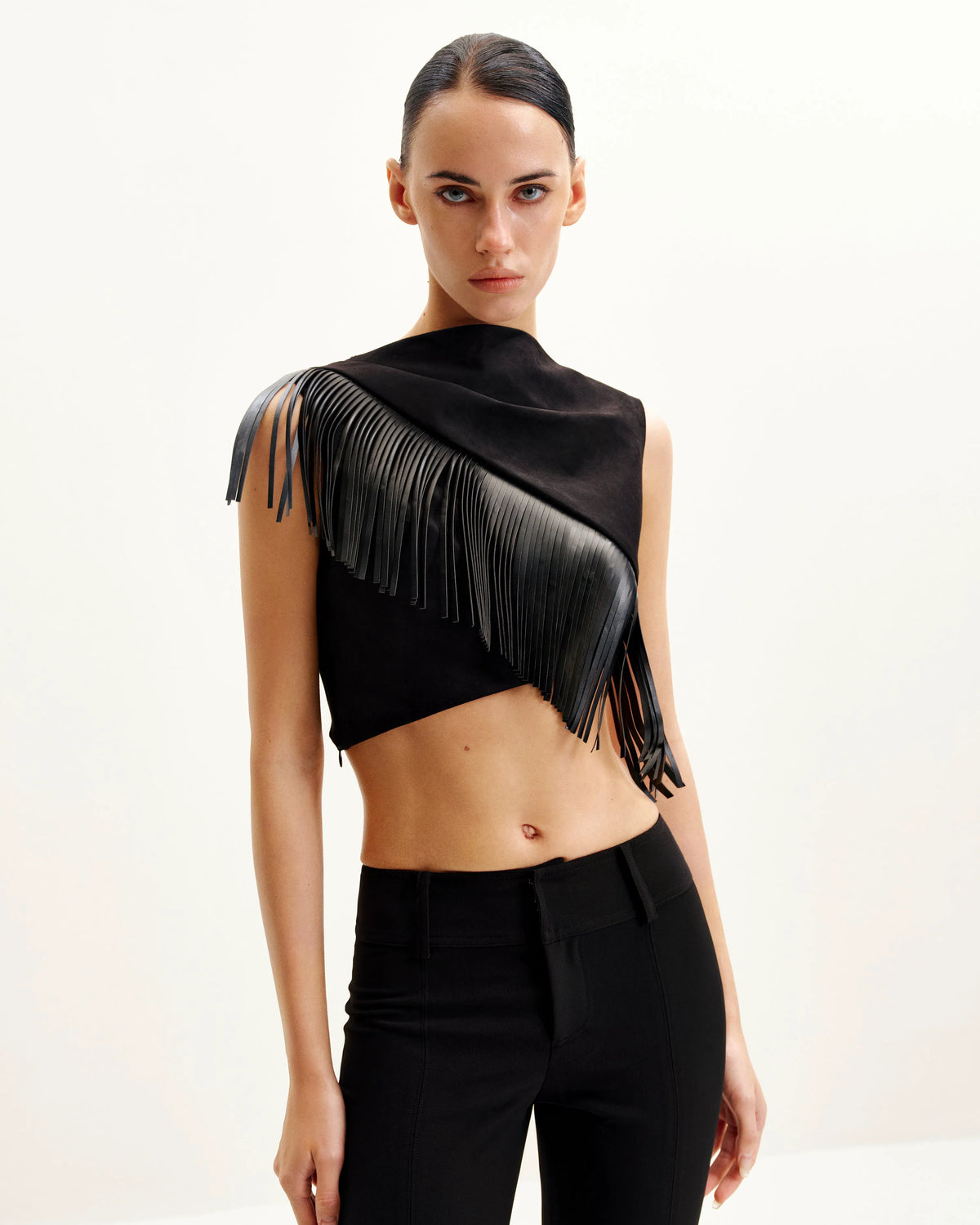 Ariana Asymmetric Fringe Sueded Top - Black