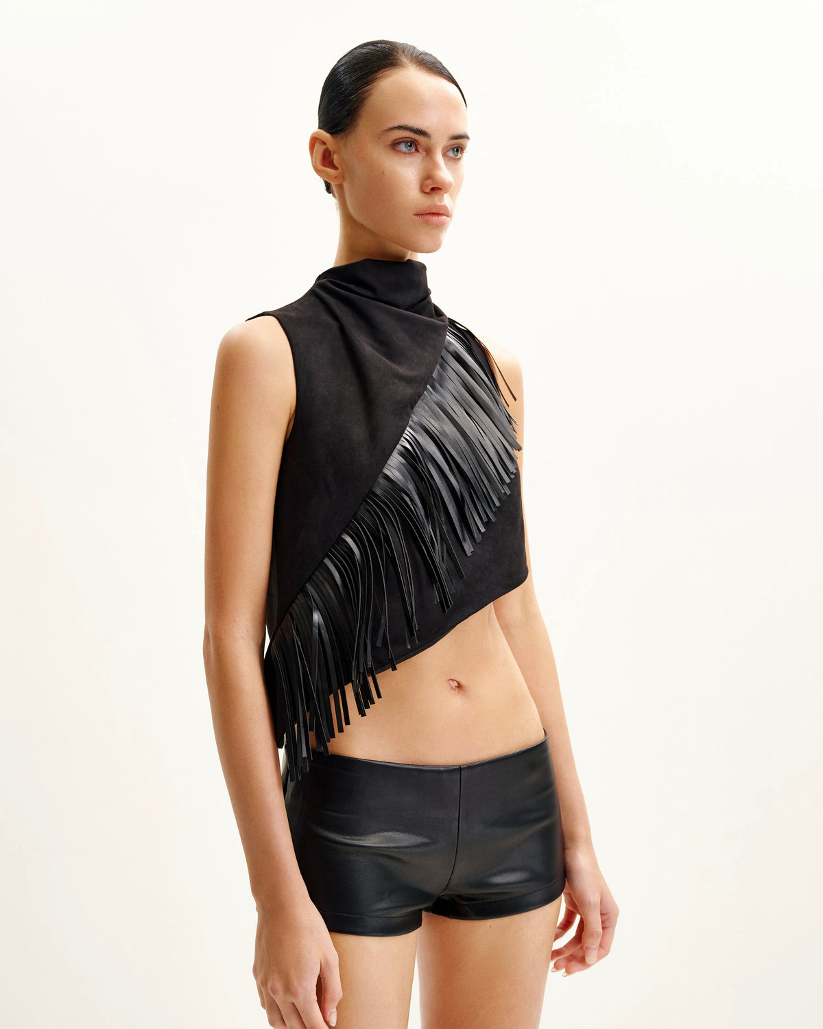 Adeline Asymmetric Fringe Sueded Top - Black