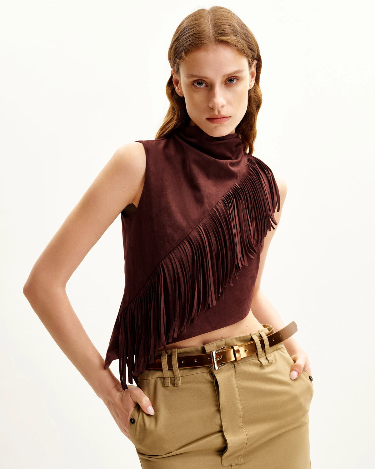 Adeline Asymmetric Fringe Sueded Top - Burgundy