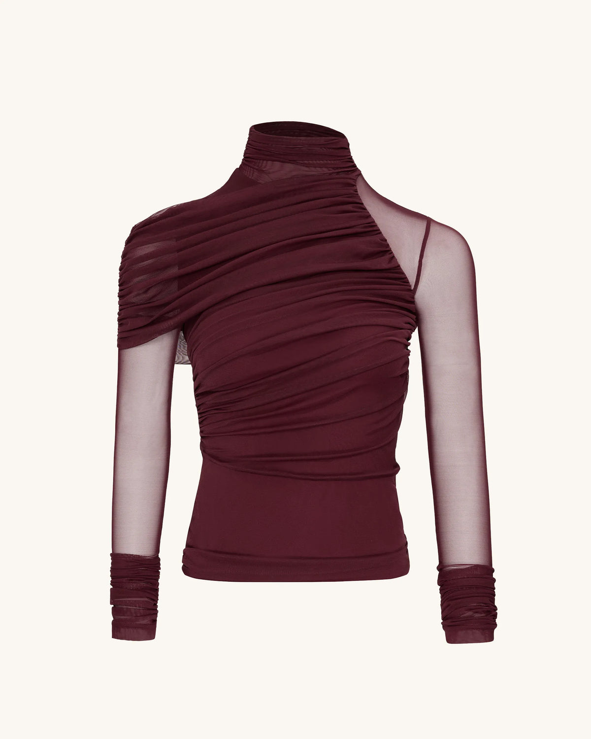Ella Sheer Ruched Turtleneck Top - Burgundy