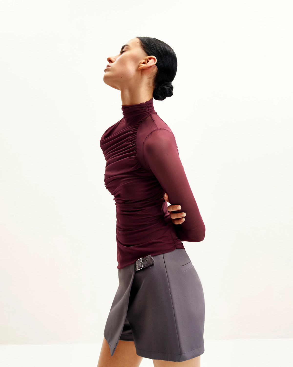 Ella Sheer Ruched Turtleneck Top - Burgundy