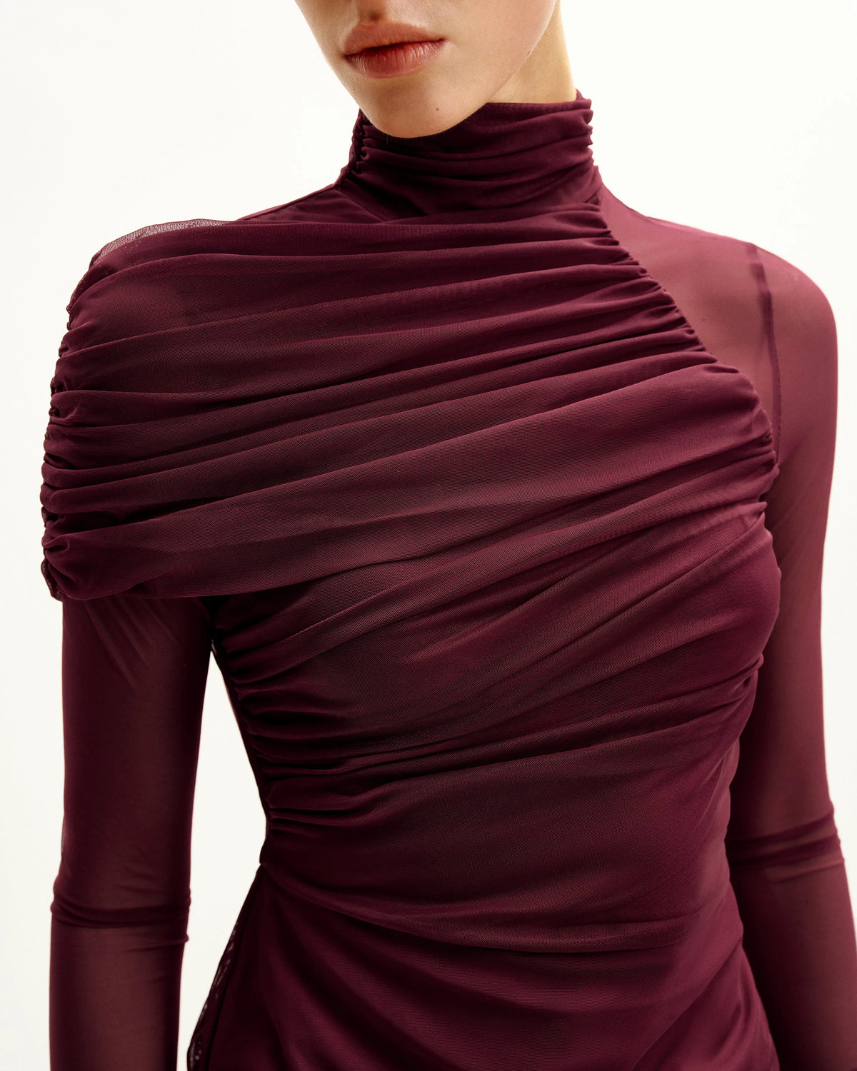 Ella Sheer Ruched Turtleneck Top - Burgundy