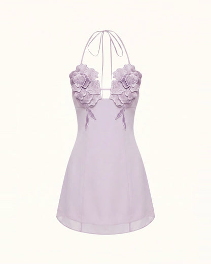 Flower Embroidered Mini Dress - Light Purple