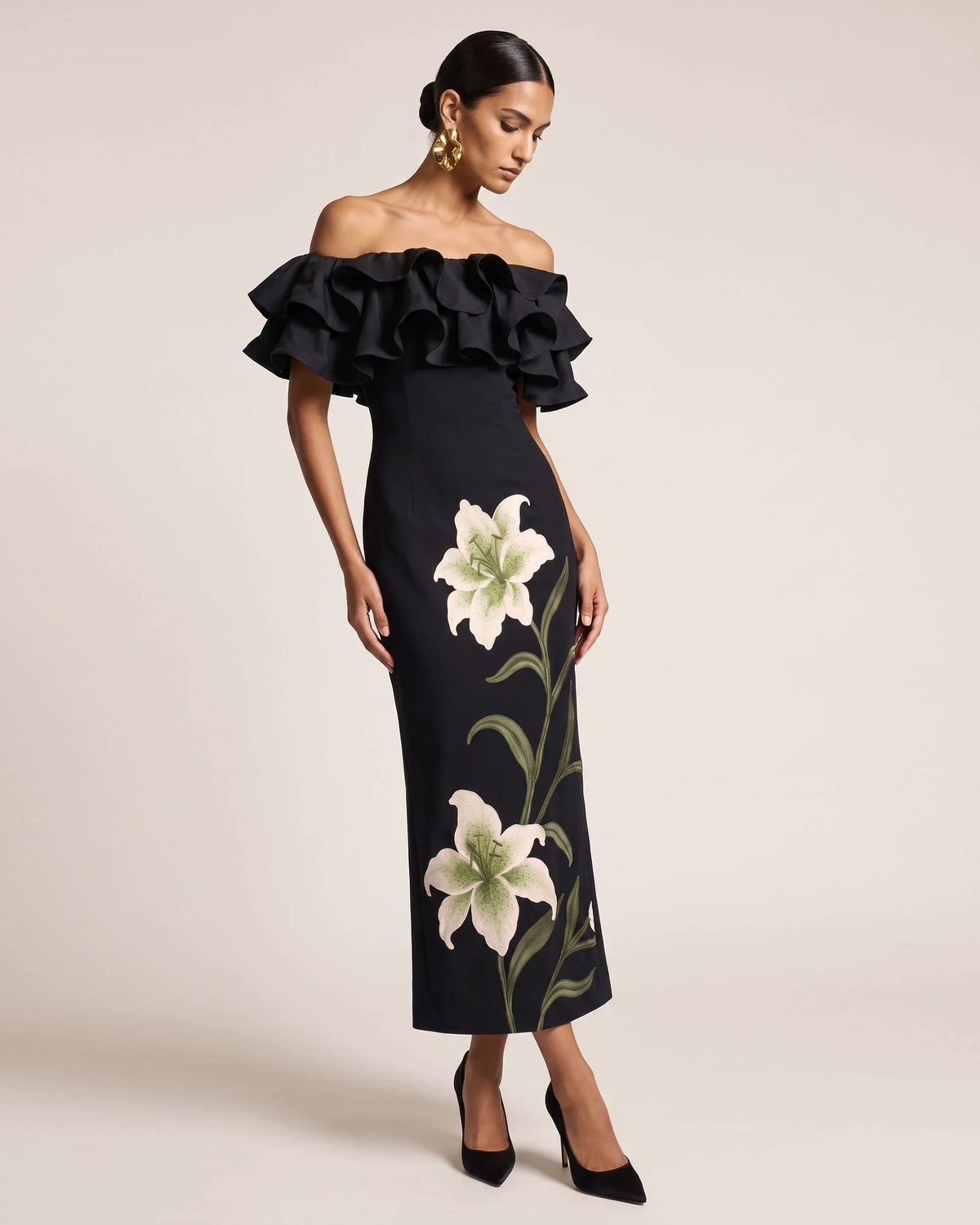 Lily Embroidered Ruffled Off-Shoulder Maxi Dress - Black