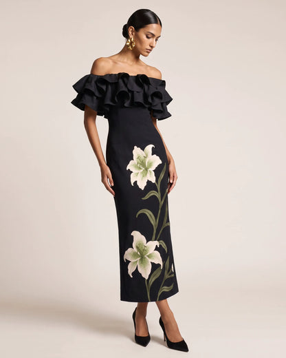 Lily Embroidered Ruffled Off-Shoulder Maxi Dress - Black