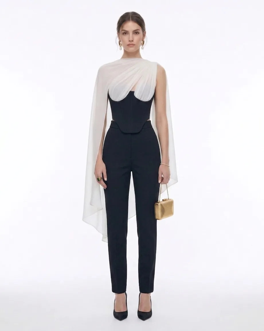 Strapless Corset Sheer Cape Top - Black & White
