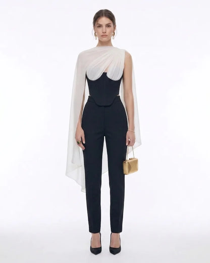Strapless Corset Sheer Cape Top - Black & White