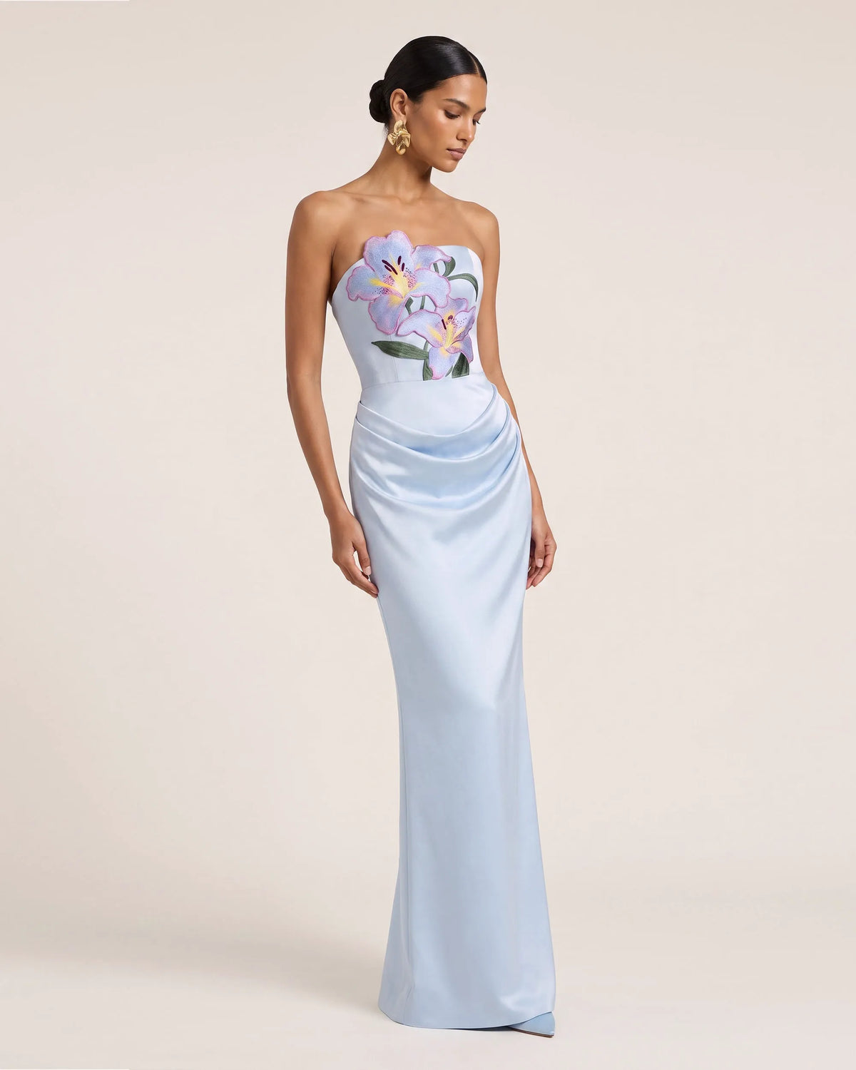Lily Embroidered Strapless Ruched Maxi Dress - Light Blue