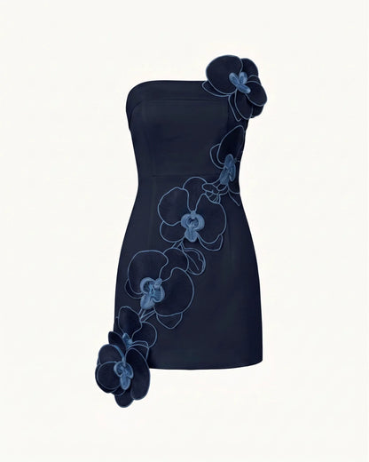 Orchid Embroidered Floral Appliqué Strapless Mini Dress - Bark Blue