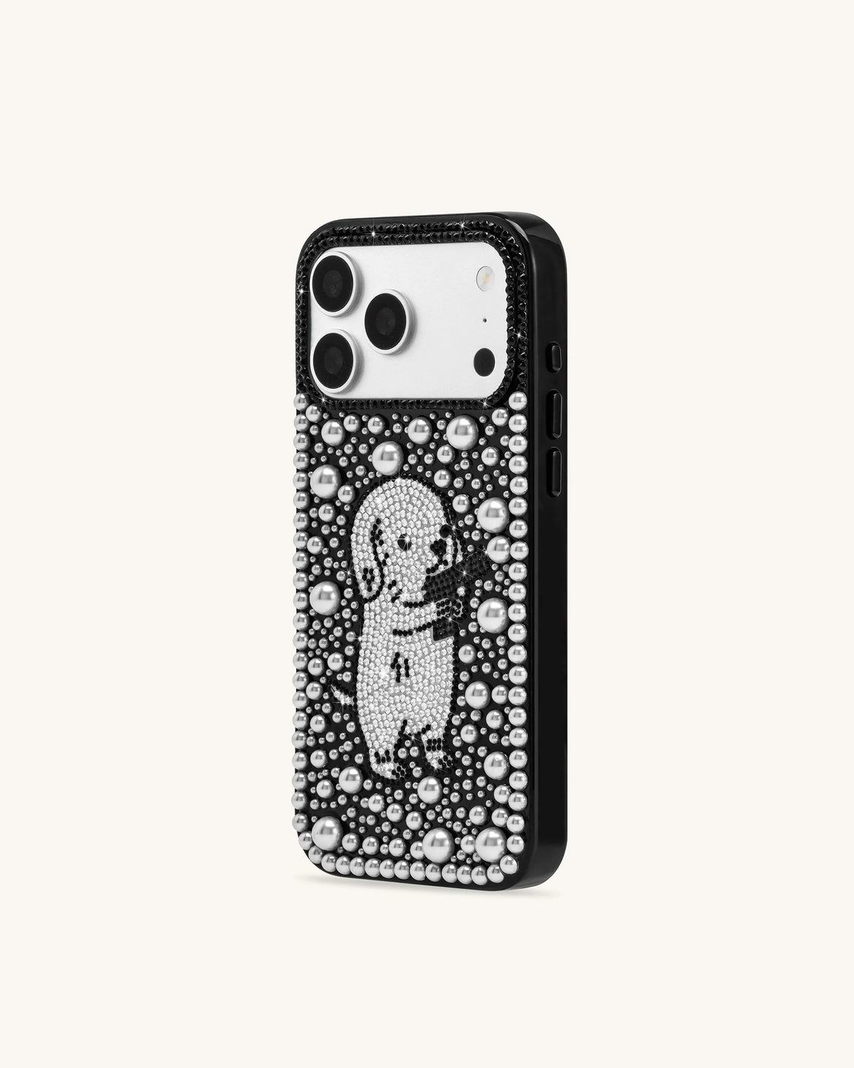 Pearl Artificial Crystal Puppy Phone Case - Black